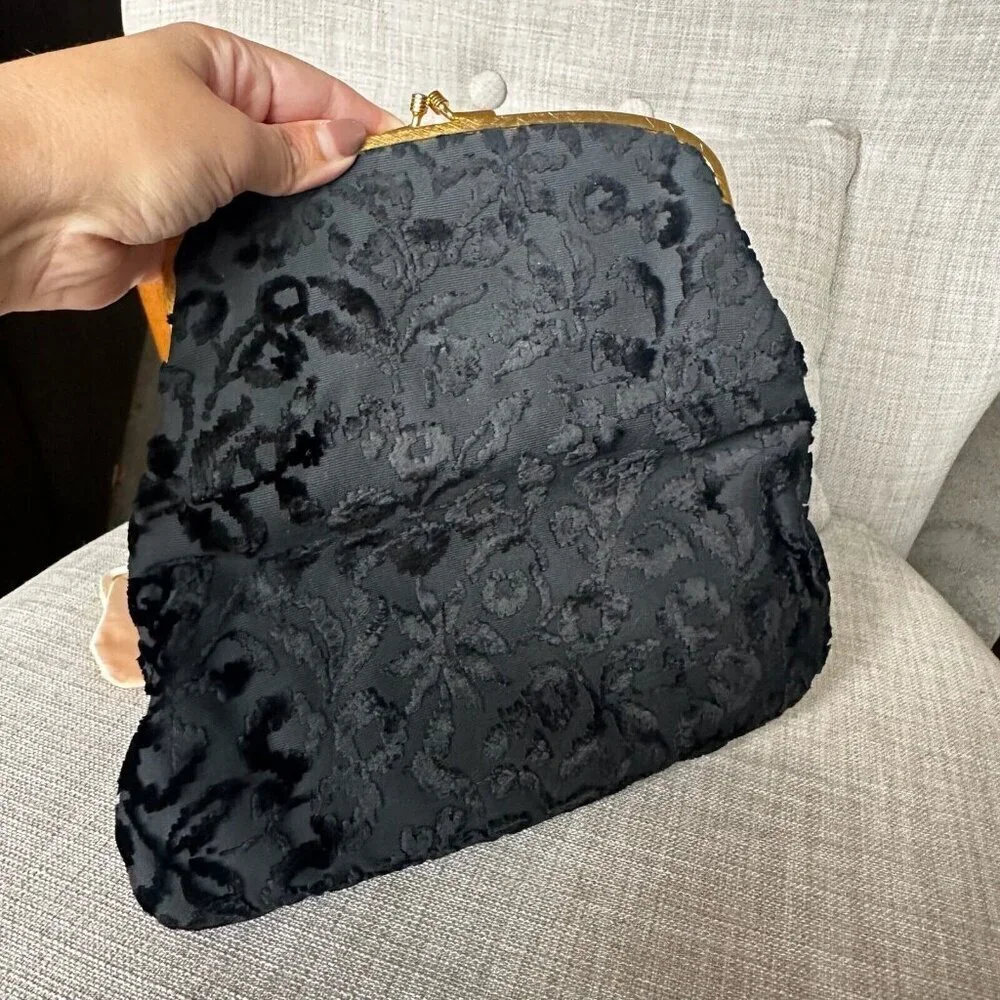 Vintage Coblentz Black Floral Clutch Velvet Burnout Coin Purse‎ Kiss Closure
